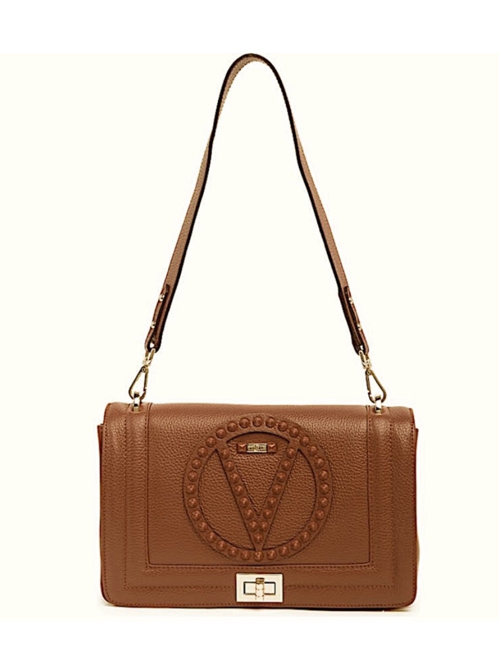 Mario Valentino Tan Pebbled Leather Shoulder Bag with V Emblem